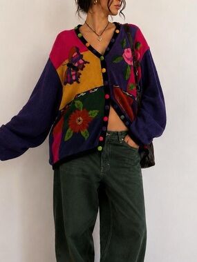 Storybook Knits Purple & Multi Patchwork Floral Cardigan